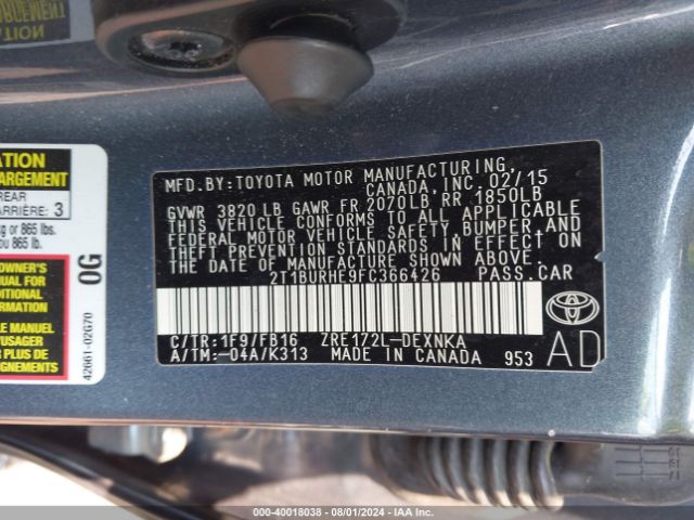 Photo 8 VIN: 2T1BURHE9FC366426 - TOYOTA COROLLA 