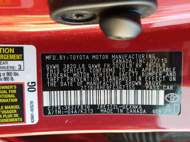 Photo 9 VIN: 2T1BURHE9FC367155 - TOYOTA COROLLA L 