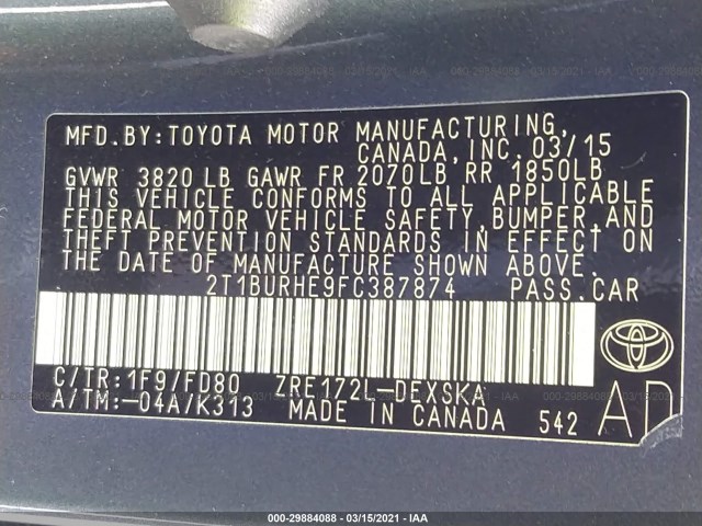 Photo 8 VIN: 2T1BURHE9FC387874 - TOYOTA COROLLA 