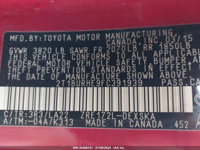 Photo 8 VIN: 2T1BURHE9FC391939 - TOYOTA COROLLA 