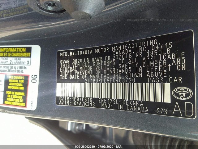 Photo 8 VIN: 2T1BURHE9FC403720 - TOYOTA COROLLA 