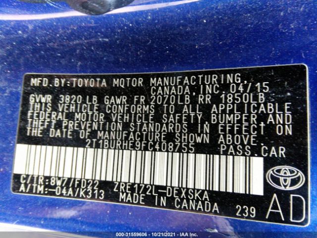 Photo 8 VIN: 2T1BURHE9FC408755 - TOYOTA COROLLA 