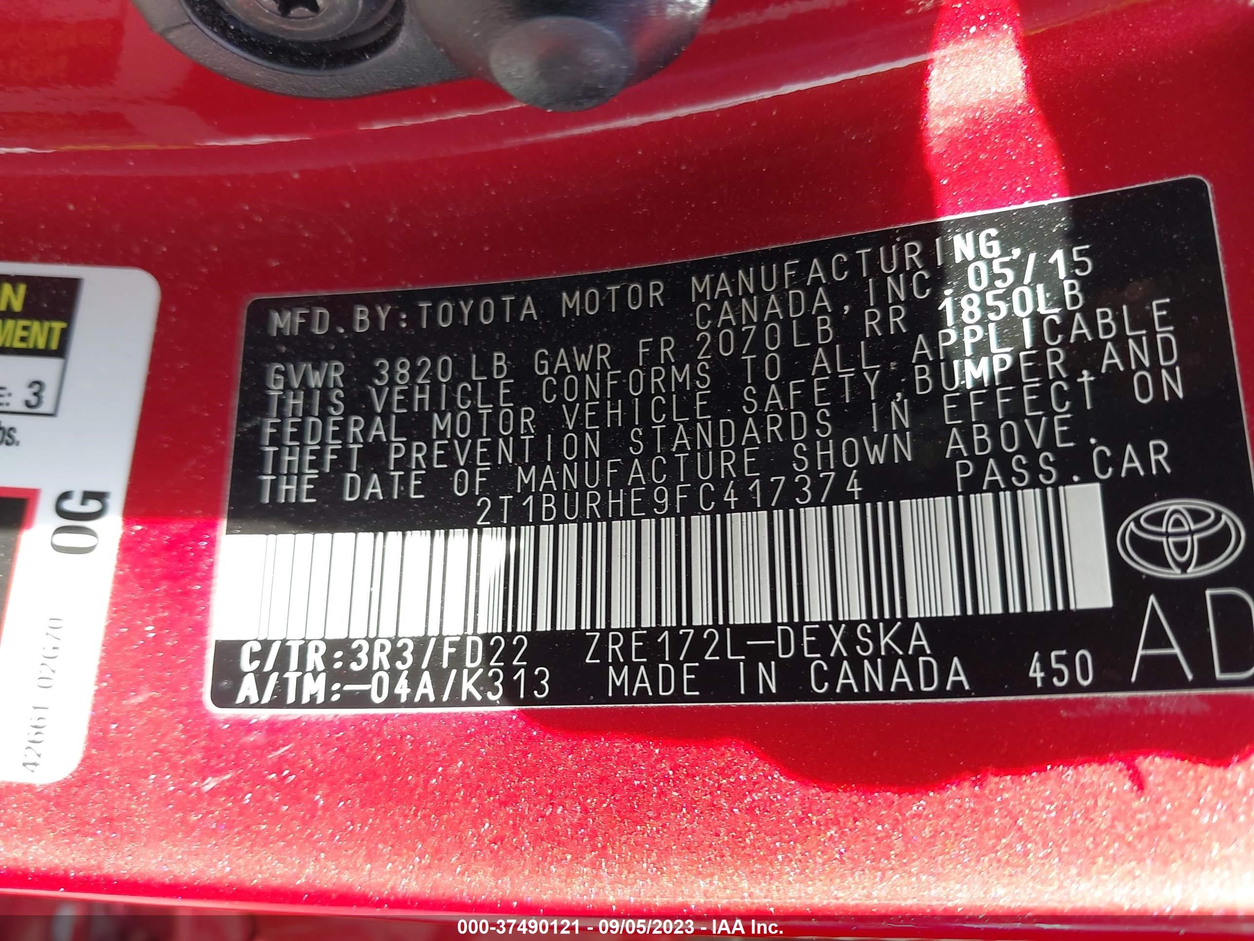 Photo 8 VIN: 2T1BURHE9FC417374 - TOYOTA COROLLA 