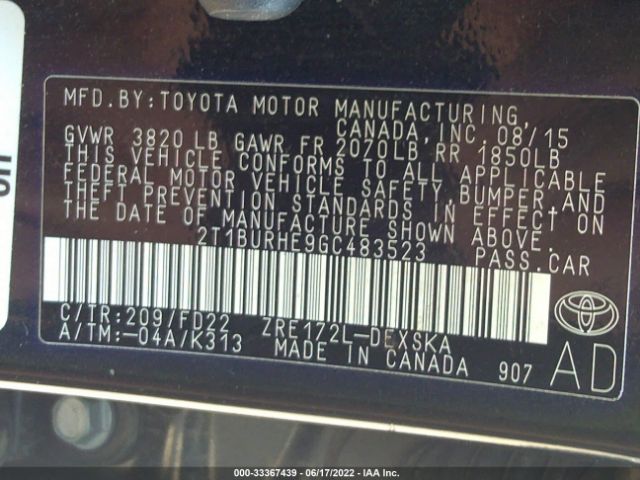 Photo 8 VIN: 2T1BURHE9GC483523 - TOYOTA COROLLA 