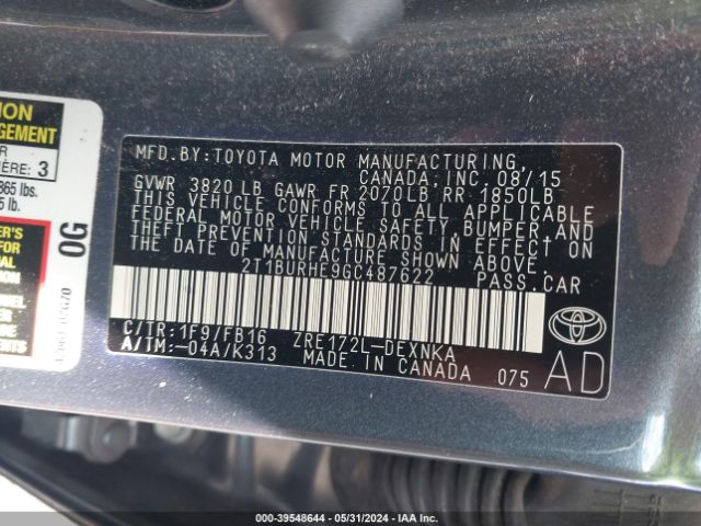 Photo 8 VIN: 2T1BURHE9GC487622 - TOYOTA COROLLA 