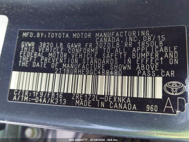 Photo 8 VIN: 2T1BURHE9GC488480 - TOYOTA COROLLA 