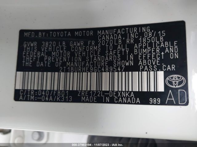 Photo 8 VIN: 2T1BURHE9GC489547 - TOYOTA COROLLA 