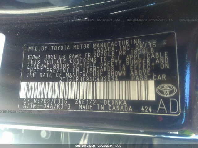 Photo 8 VIN: 2T1BURHE9GC492934 - TOYOTA COROLLA 