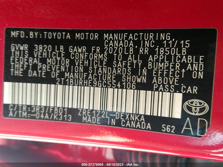 Photo 8 VIN: 2T1BURHE9GC554106 - TOYOTA COROLLA 