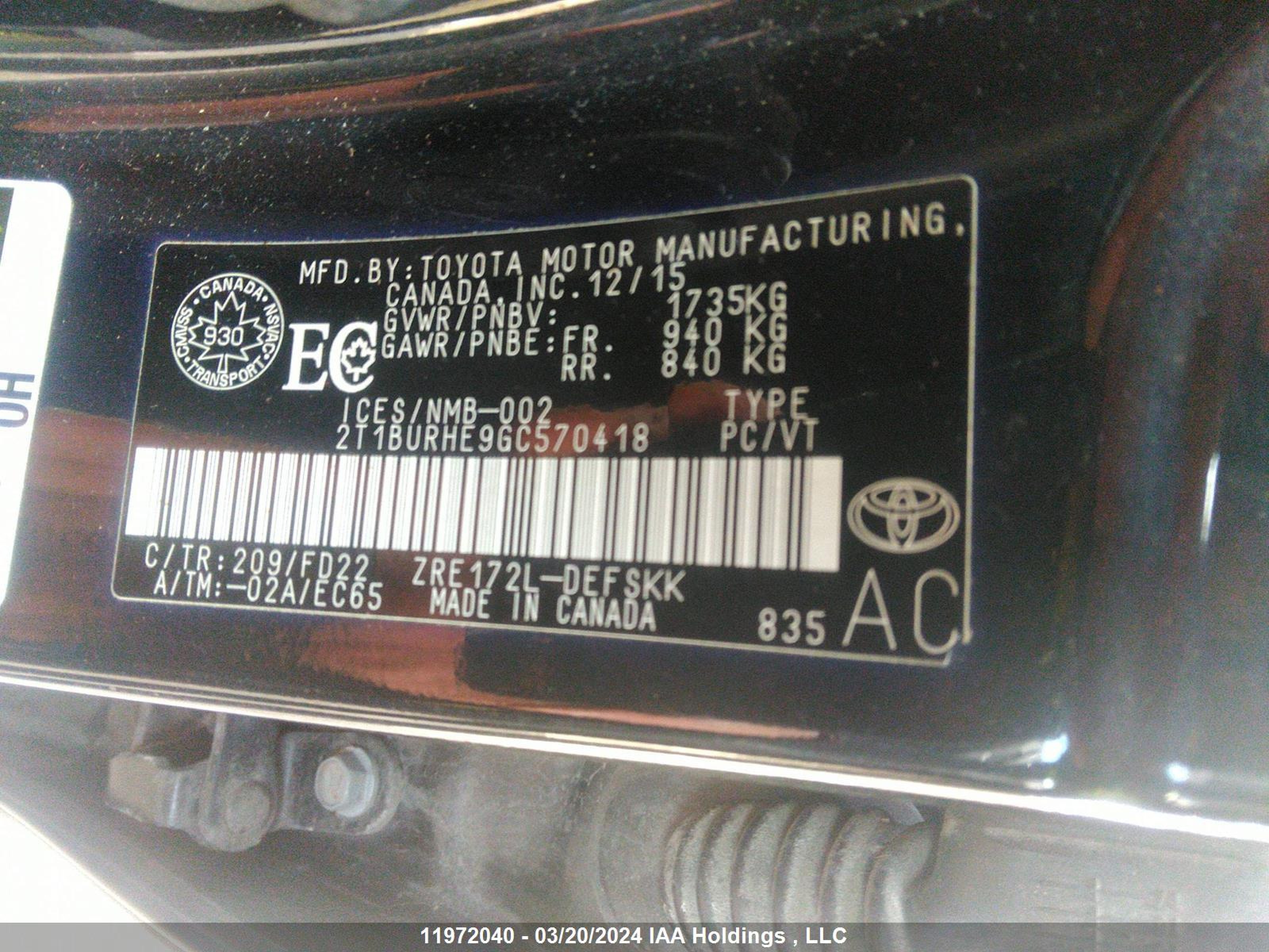 Photo 8 VIN: 2T1BURHE9GC570418 - TOYOTA COROLLA 