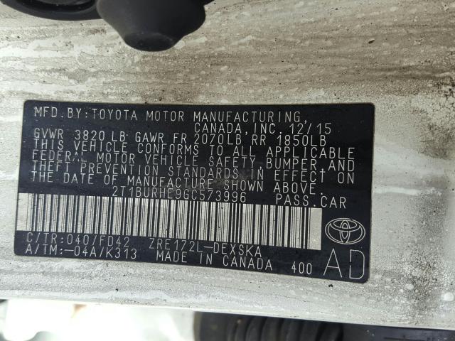 Photo 9 VIN: 2T1BURHE9GC573996 - TOYOTA COROLLA L 