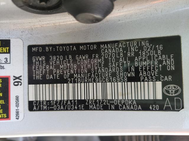 Photo 9 VIN: 2T1BURHE9GC616958 - TOYOTA COROLLA L 