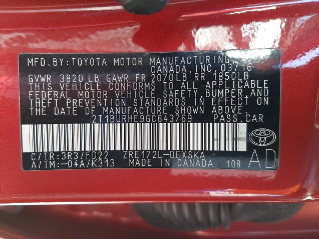 Photo 9 VIN: 2T1BURHE9GC643769 - TOYOTA COROLLA L 