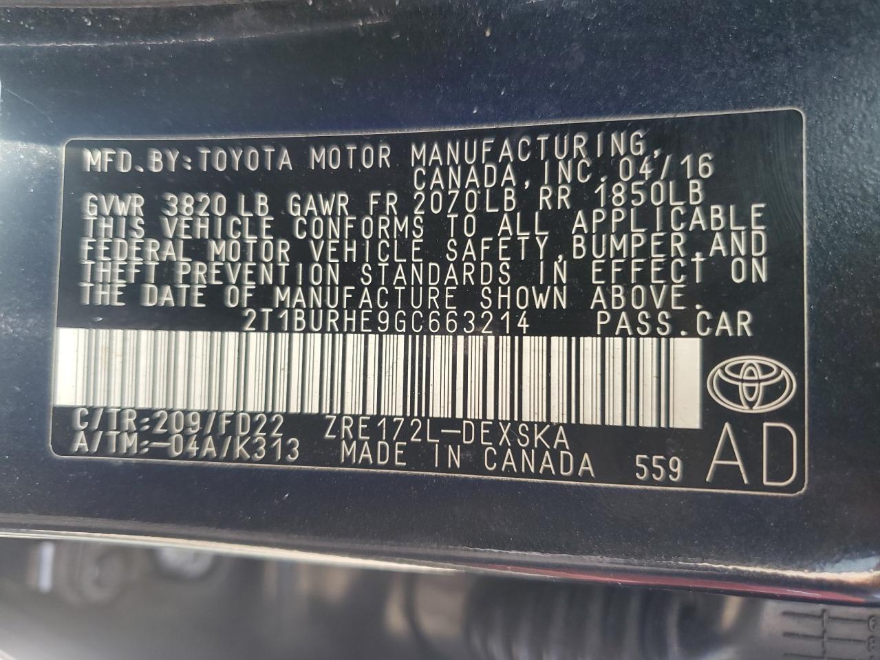 Photo 12 VIN: 2T1BURHE9GC663214 - TOYOTA COROLLA 