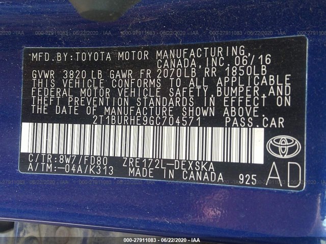 Photo 8 VIN: 2T1BURHE9GC704571 - TOYOTA COROLLA 