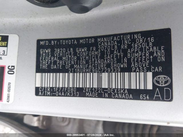 Photo 8 VIN: 2T1BURHE9GC729339 - TOYOTA COROLLA 