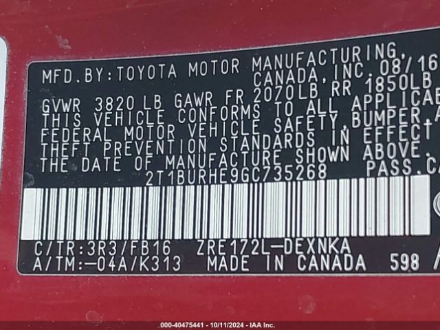 Photo 8 VIN: 2T1BURHE9GC735268 - TOYOTA COROLLA 