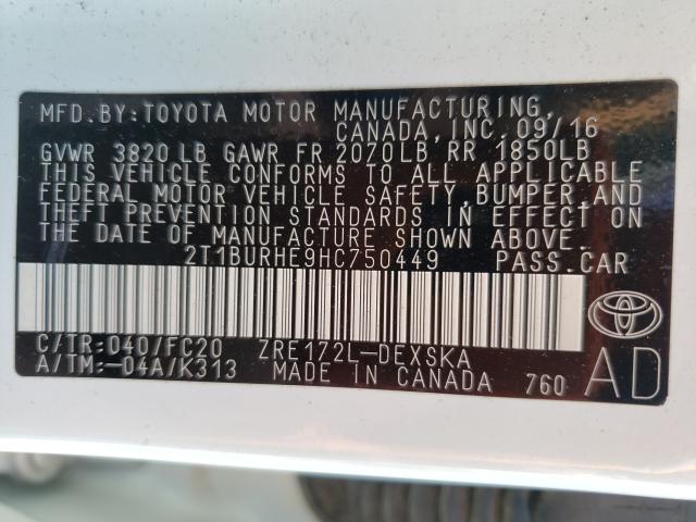 Photo 9 VIN: 2T1BURHE9HC750449 - TOYOTA COROLLA L 