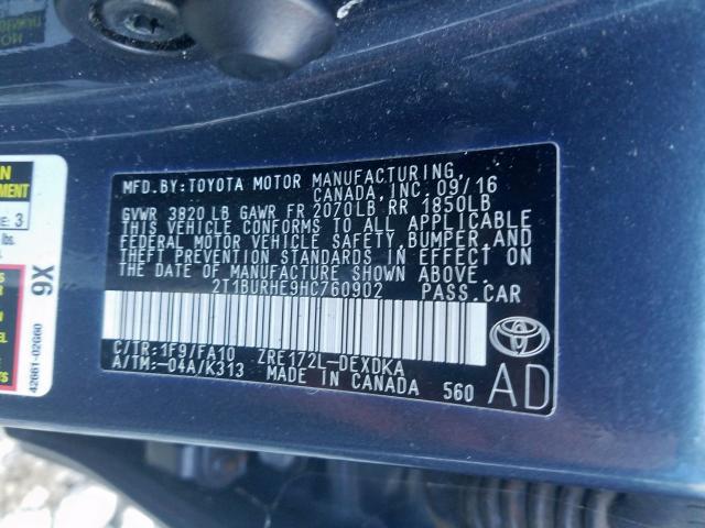 Photo 9 VIN: 2T1BURHE9HC760902 - TOYOTA COROLLA L 