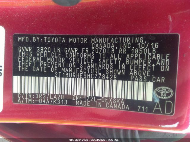 Photo 8 VIN: 2T1BURHE9HC778428 - TOYOTA COROLLA 