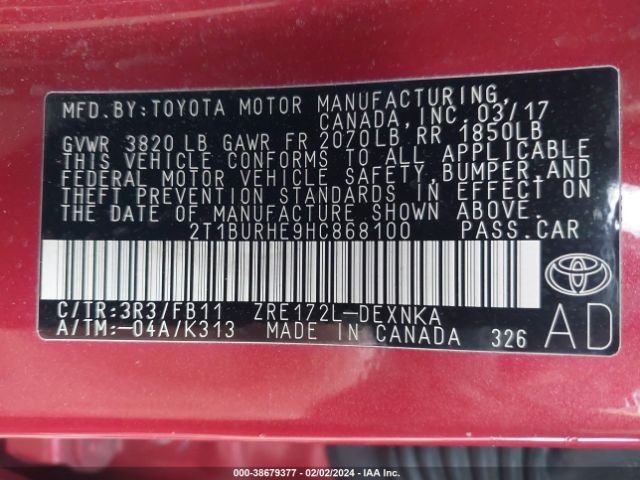 Photo 8 VIN: 2T1BURHE9HC868100 - TOYOTA COROLLA 