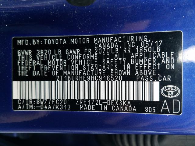 Photo 9 VIN: 2T1BURHE9HC916520 - TOYOTA COROLLA L 