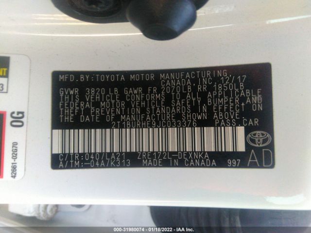 Photo 8 VIN: 2T1BURHE9JC033376 - TOYOTA COROLLA 