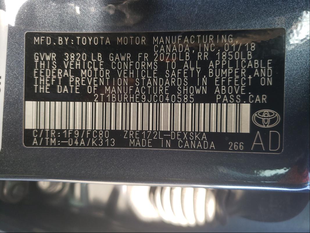 Photo 9 VIN: 2T1BURHE9JC040585 - TOYOTA COROLLA L 