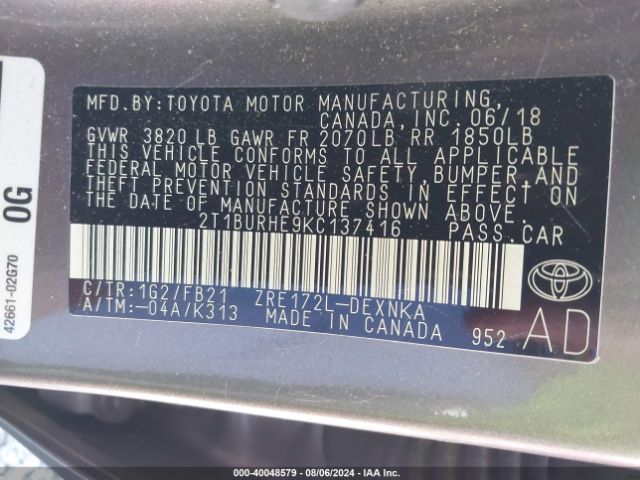 Photo 8 VIN: 2T1BURHE9KC137416 - TOYOTA COROLLA 