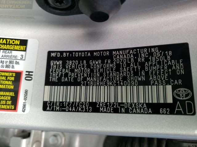 Photo 9 VIN: 2T1BURHE9KC140090 - TOYOTA COROLLA L 