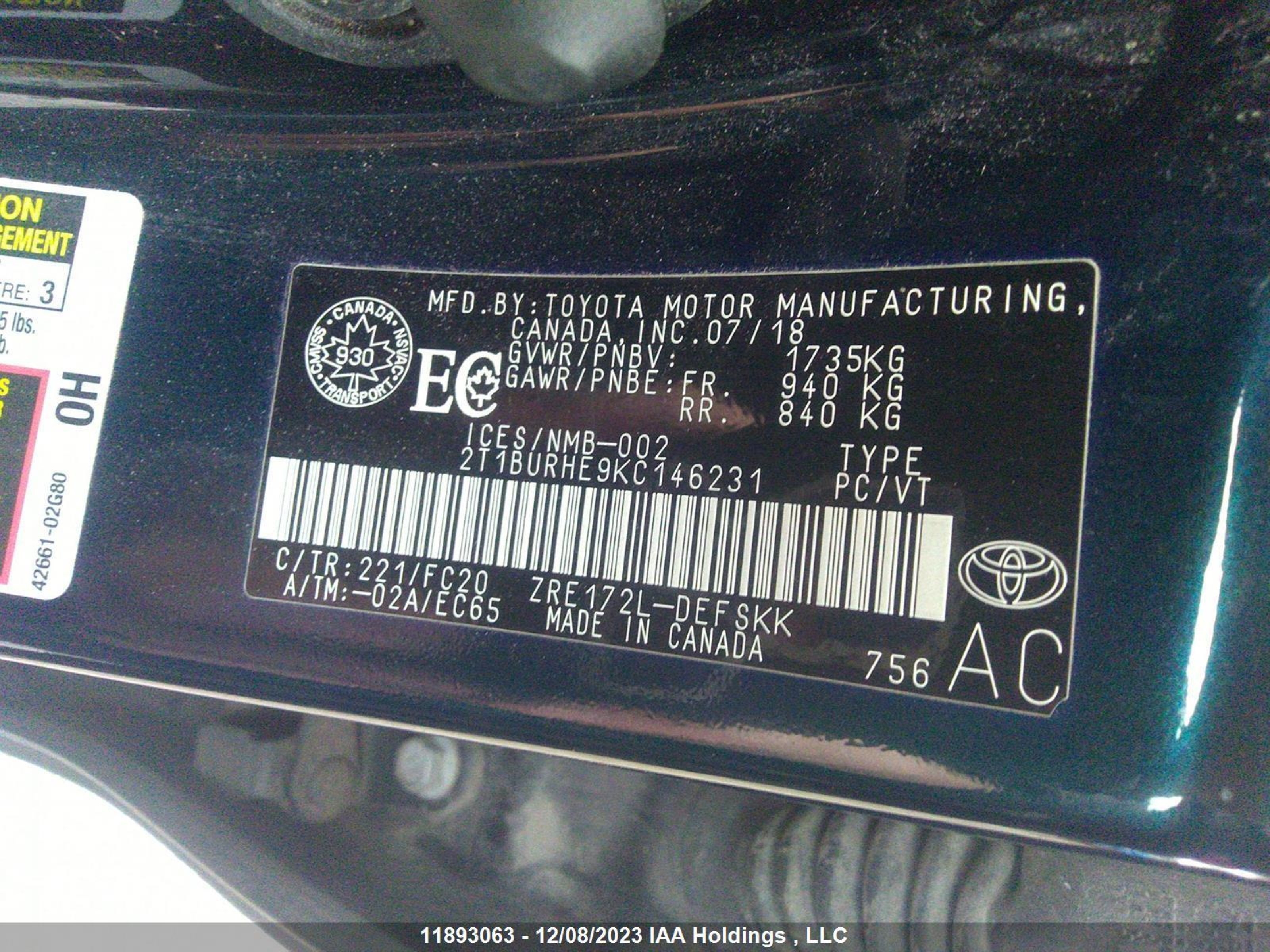 Photo 8 VIN: 2T1BURHE9KC146231 - TOYOTA COROLLA 