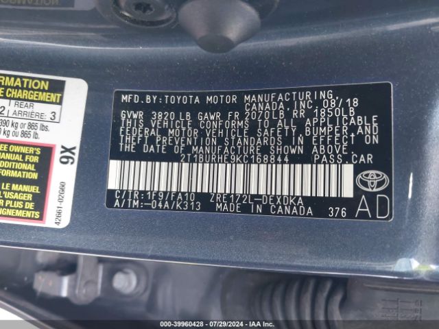 Photo 8 VIN: 2T1BURHE9KC168844 - TOYOTA COROLLA 