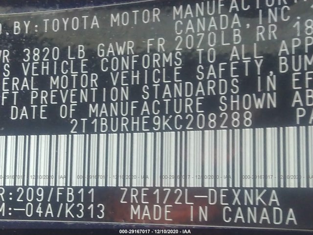 Photo 8 VIN: 2T1BURHE9KC208288 - TOYOTA COROLLA 