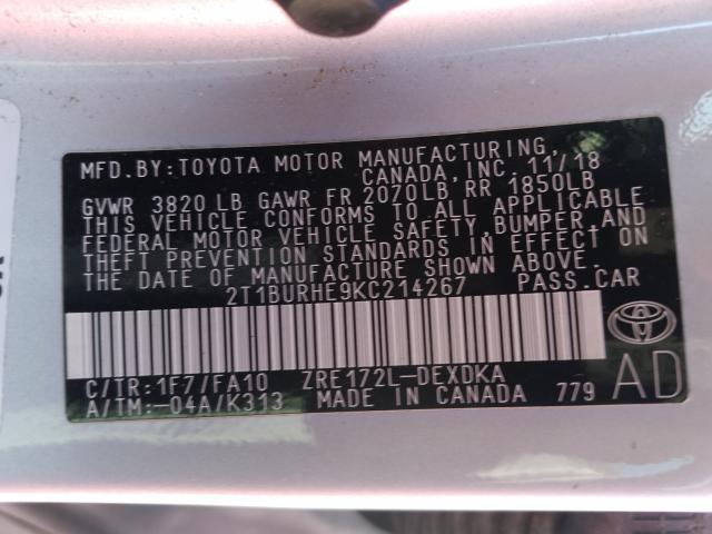 Photo 9 VIN: 2T1BURHE9KC214267 - TOYOTA COROLLA L 