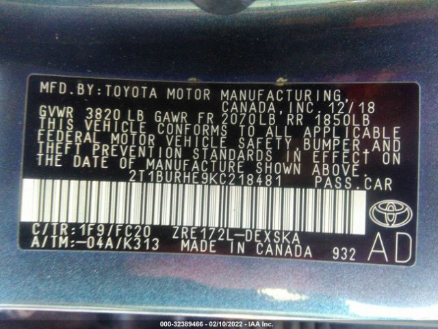 Photo 8 VIN: 2T1BURHE9KC218481 - TOYOTA COROLLA 