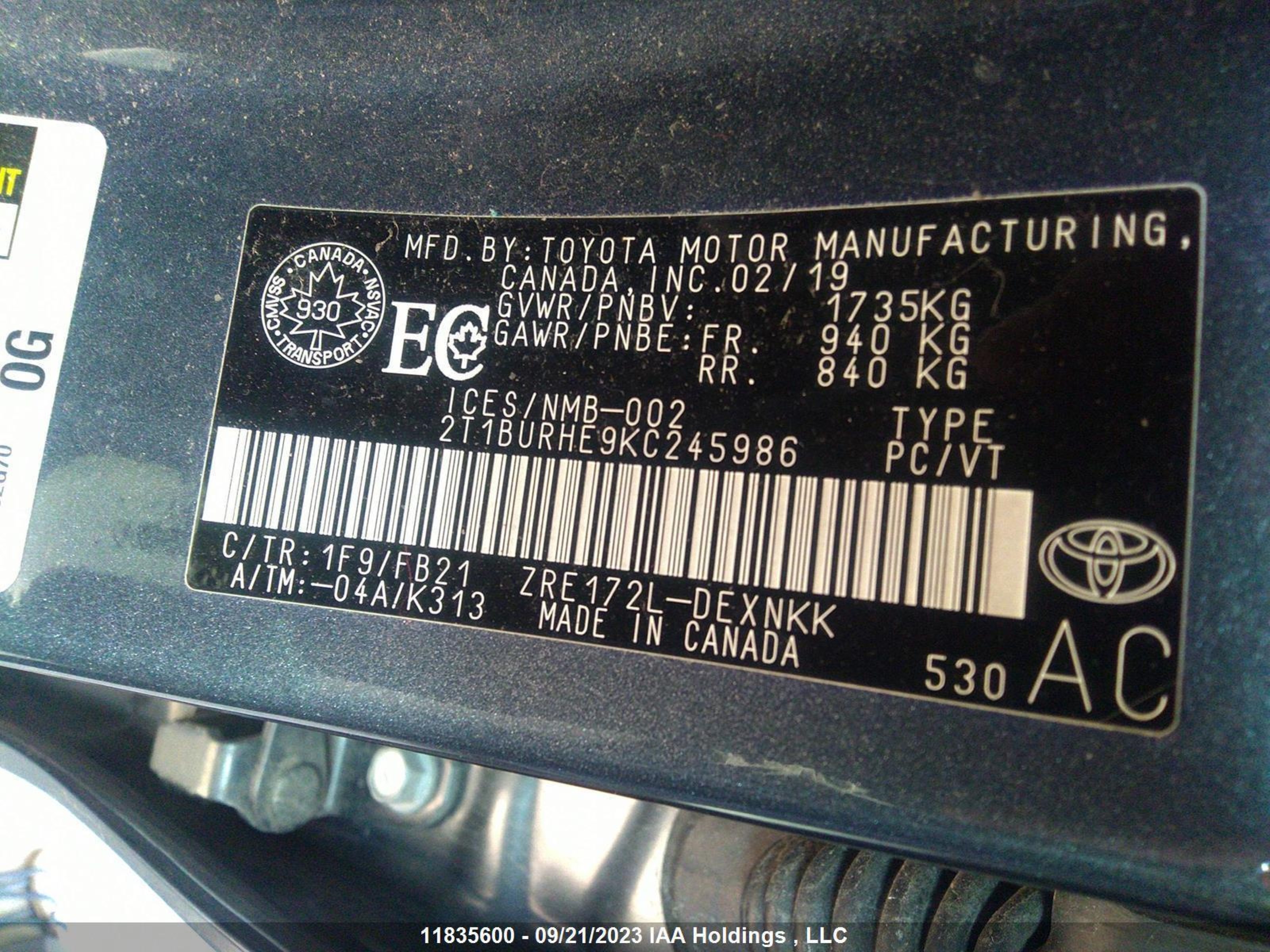 Photo 8 VIN: 2T1BURHE9KC245986 - TOYOTA COROLLA 