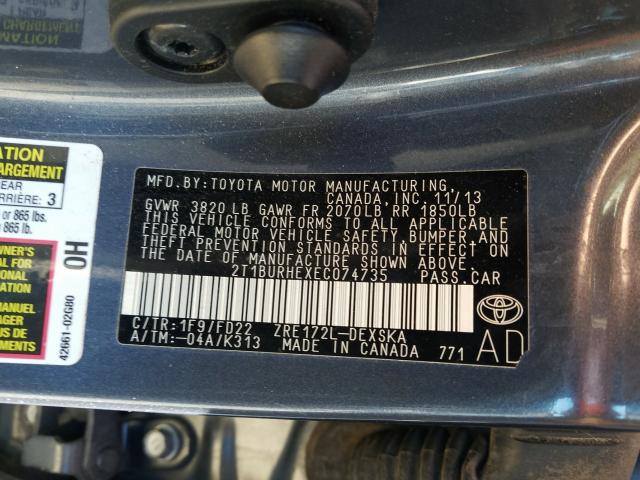 Photo 9 VIN: 2T1BURHEXEC074735 - TOYOTA COROLLA L 