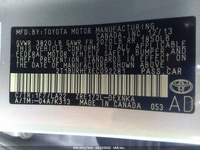 Photo 8 VIN: 2T1BURHEXEC092281 - TOYOTA COROLLA 