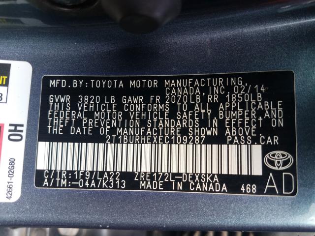 Photo 9 VIN: 2T1BURHEXEC109287 - TOYOTA COROLLA L 