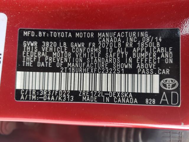 Photo 9 VIN: 2T1BURHEXFC232251 - TOYOTA COROLLA L 