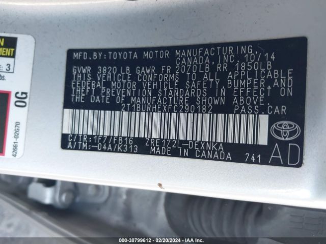 Photo 8 VIN: 2T1BURHEXFC290182 - TOYOTA COROLLA 