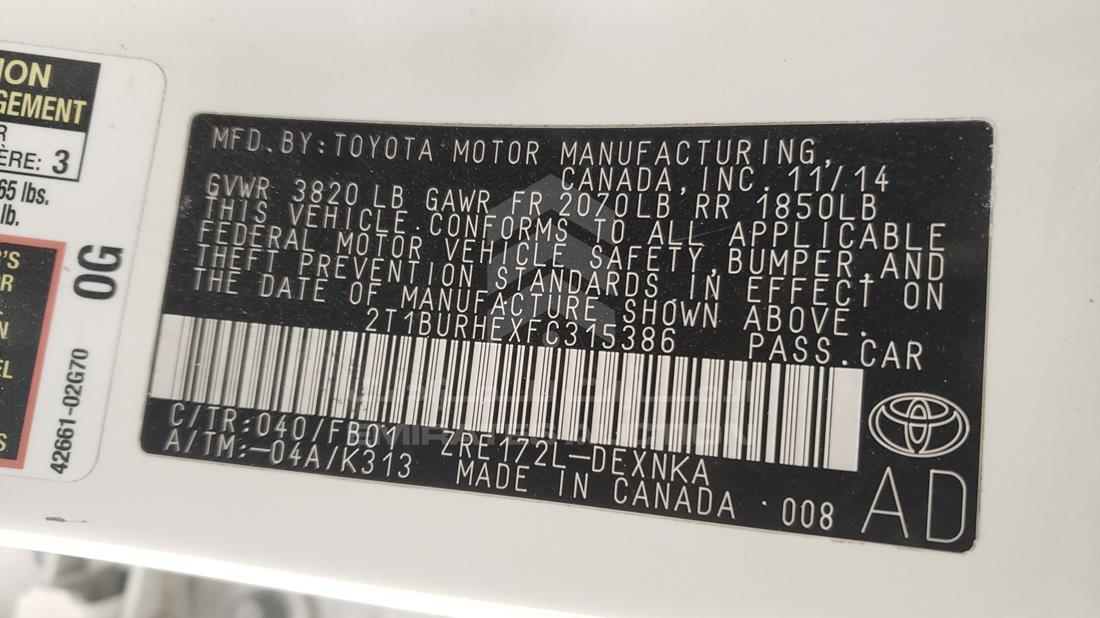 Photo 5 VIN: 2T1BURHEXFC315386 - TOYOTA COROLLA 