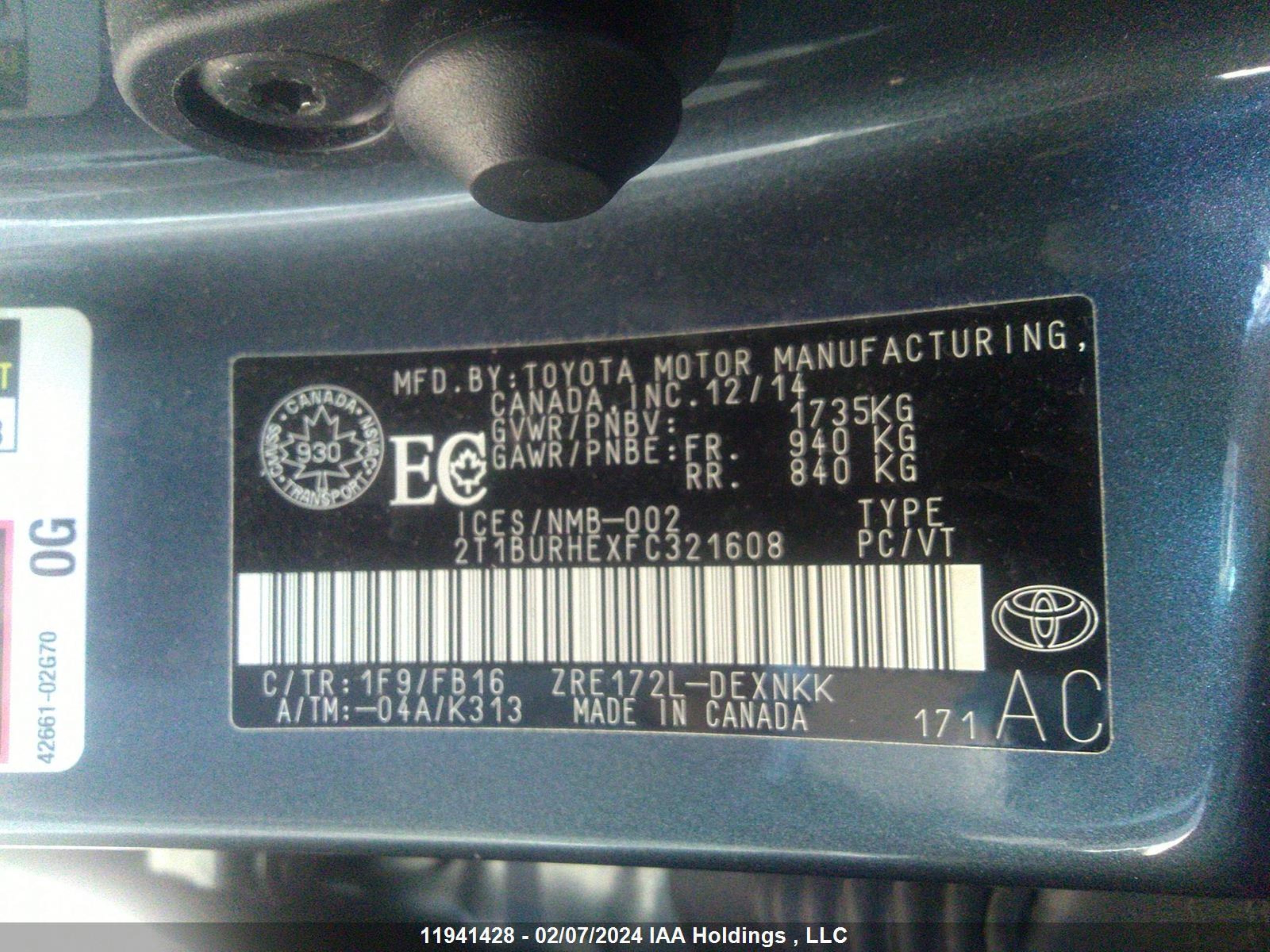 Photo 8 VIN: 2T1BURHEXFC321608 - TOYOTA COROLLA 