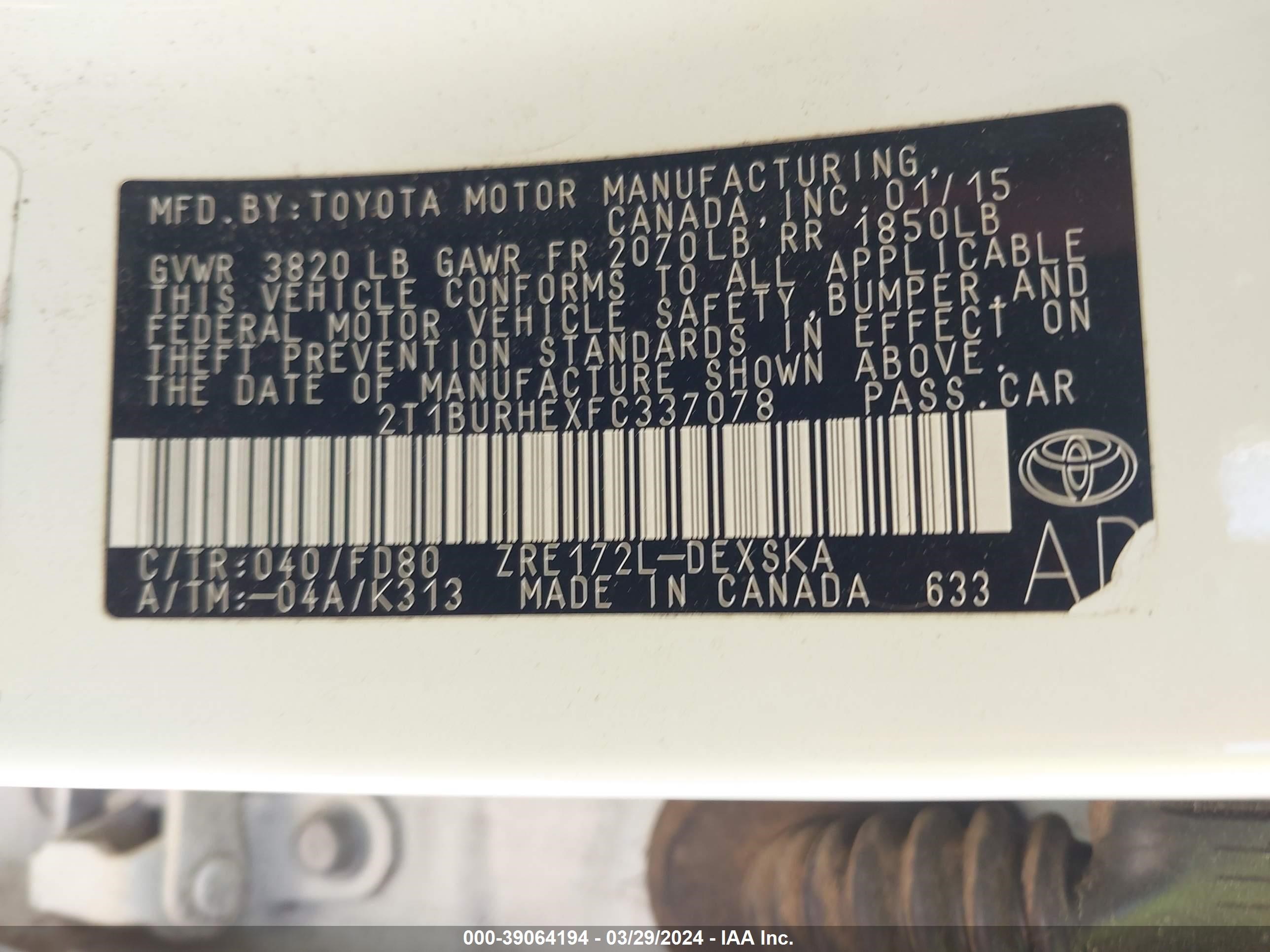 Photo 8 VIN: 2T1BURHEXFC337078 - TOYOTA COROLLA 