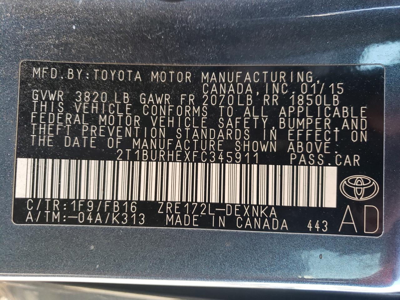 Photo 11 VIN: 2T1BURHEXFC345911 - TOYOTA COROLLA 