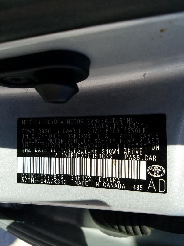 Photo 9 VIN: 2T1BURHEXFC350655 - TOYOTA COROLLA L 