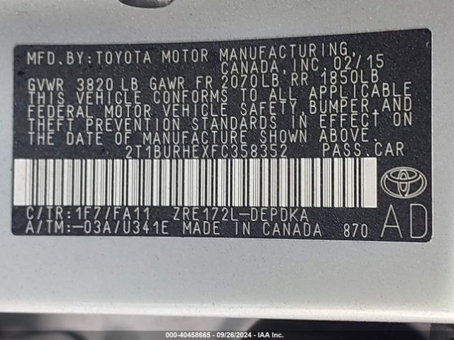 Photo 8 VIN: 2T1BURHEXFC358352 - TOYOTA COROLLA 