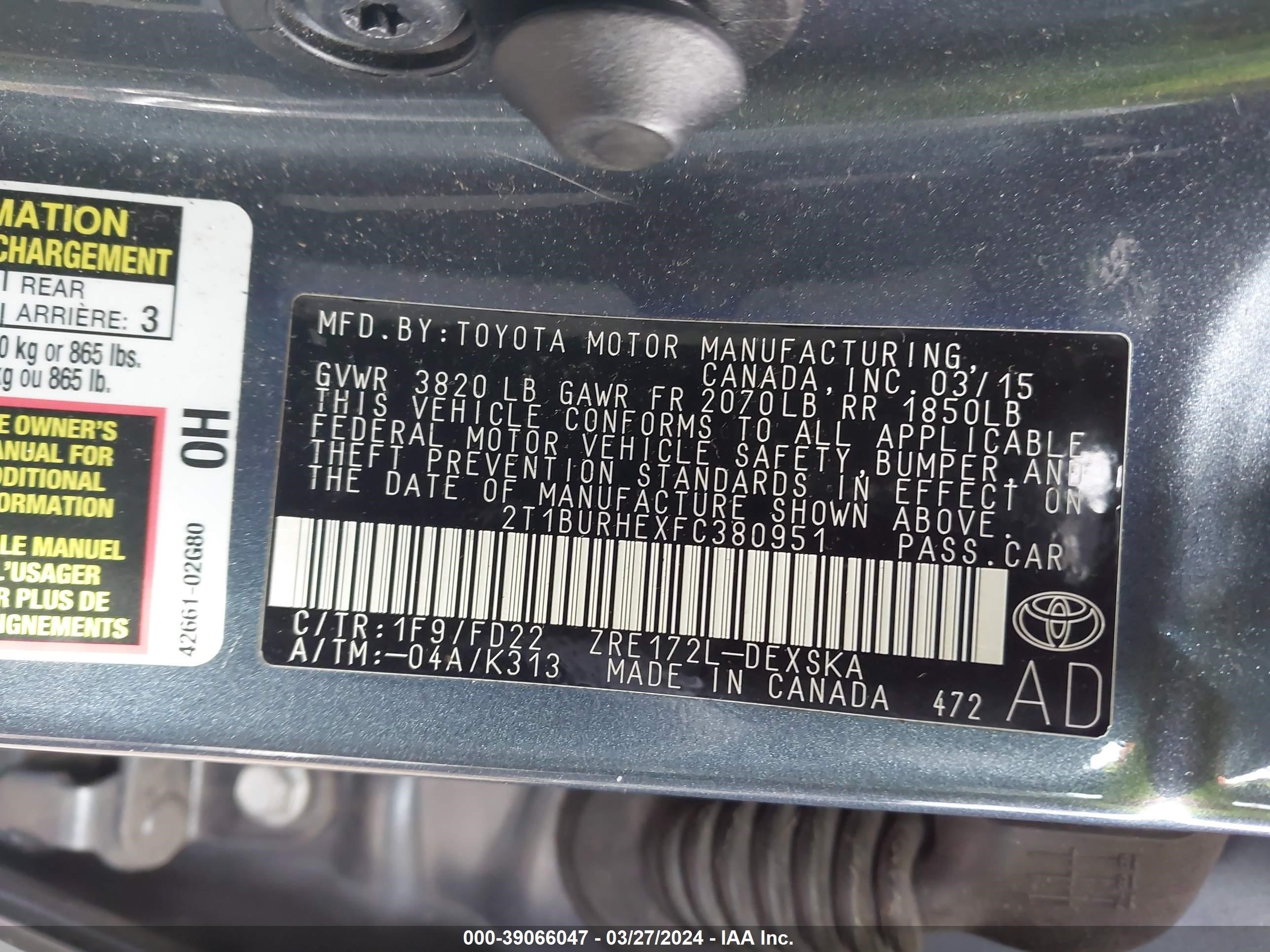 Photo 8 VIN: 2T1BURHEXFC380951 - TOYOTA COROLLA 