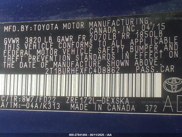 Photo 8 VIN: 2T1BURHEXFC408862 - TOYOTA COROLLA 