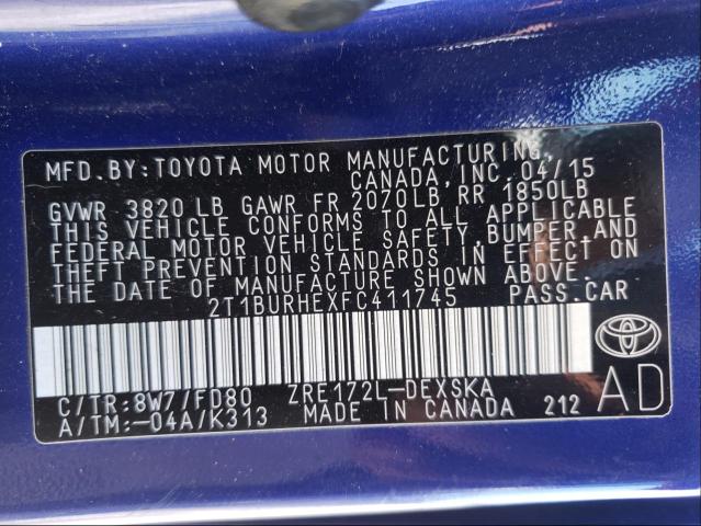 Photo 9 VIN: 2T1BURHEXFC411745 - TOYOTA COROLLA L 